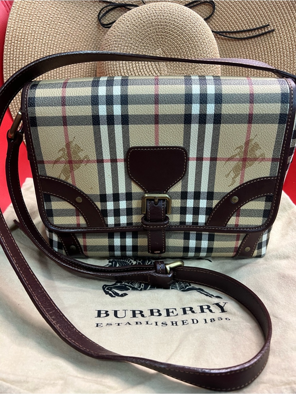 Burberry Beige Plaid Messenger Bag with Dark Brown Leather